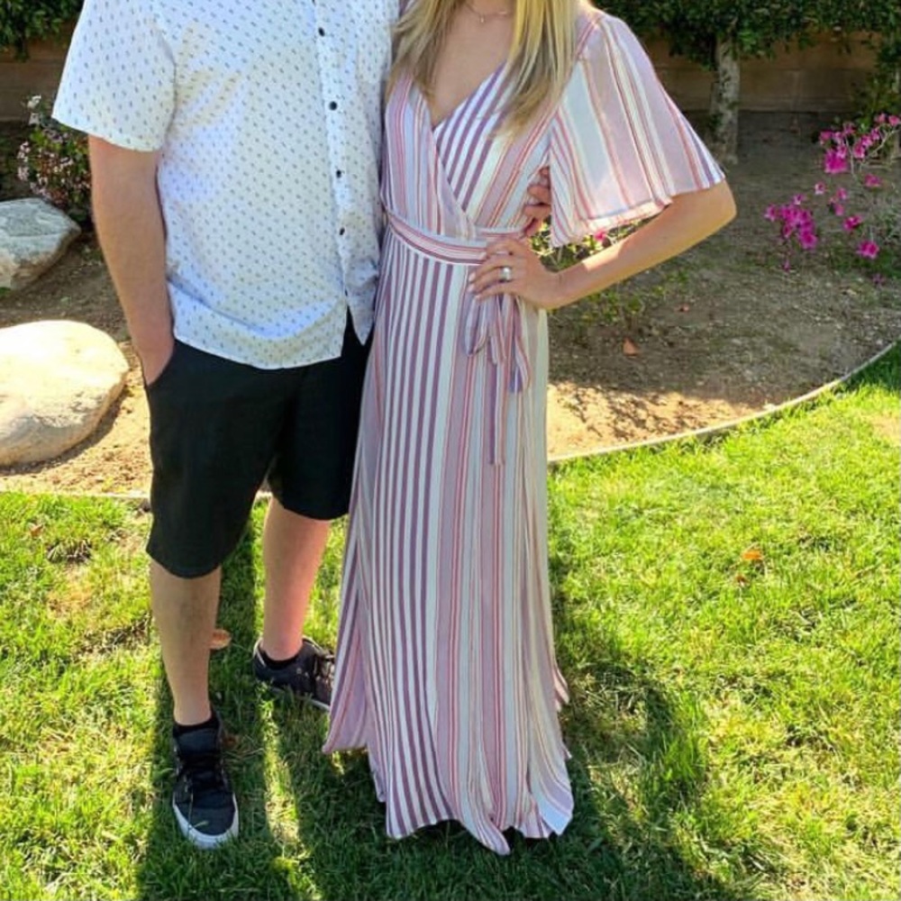 Vici pastel striped wrap dress.